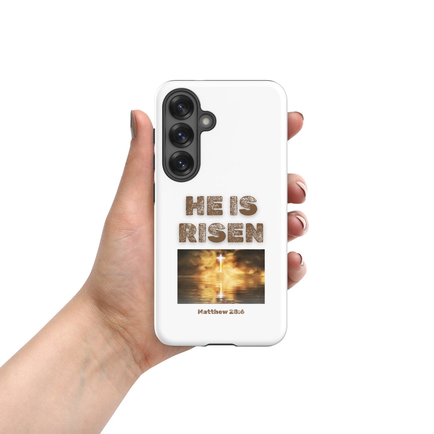 Tees of Worship phone case with He Is Risen text and glowing cross image for Christian faith