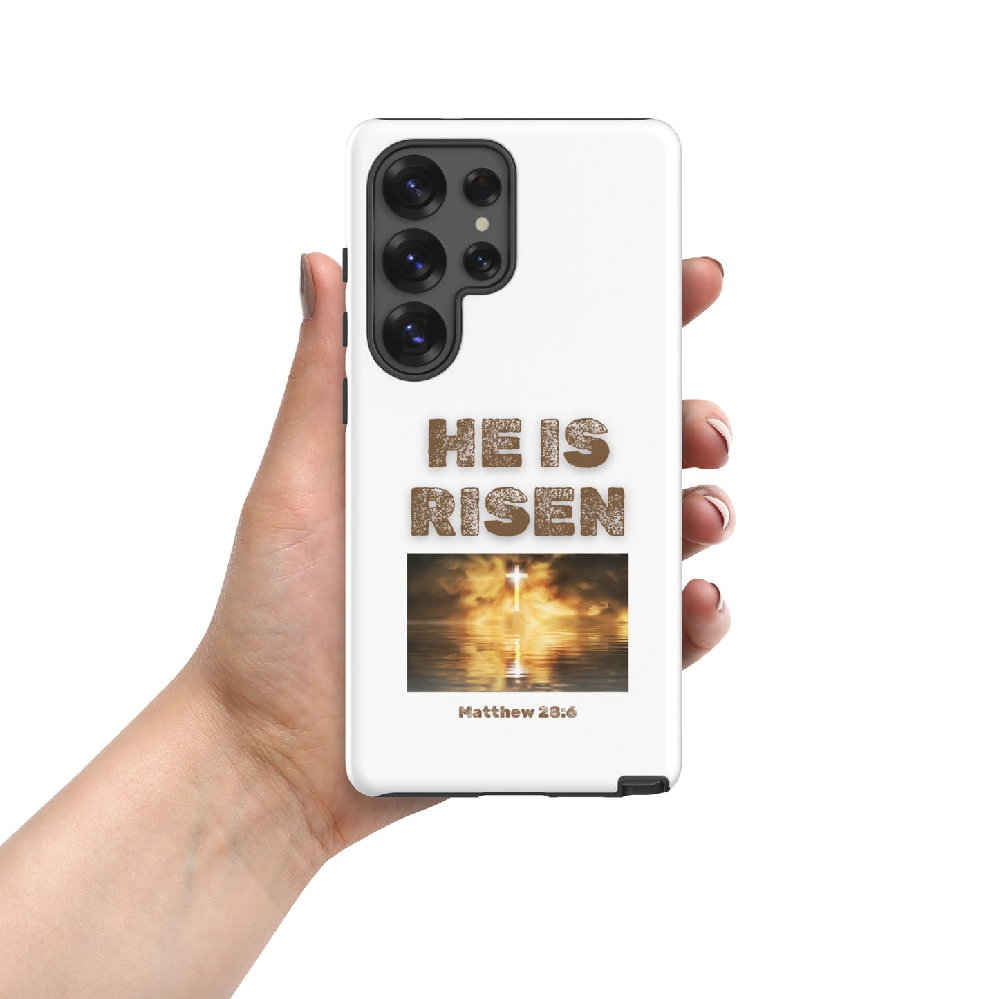 Tees of Worship white phone case with He Is Risen text and Matthew 28:6 scripture design