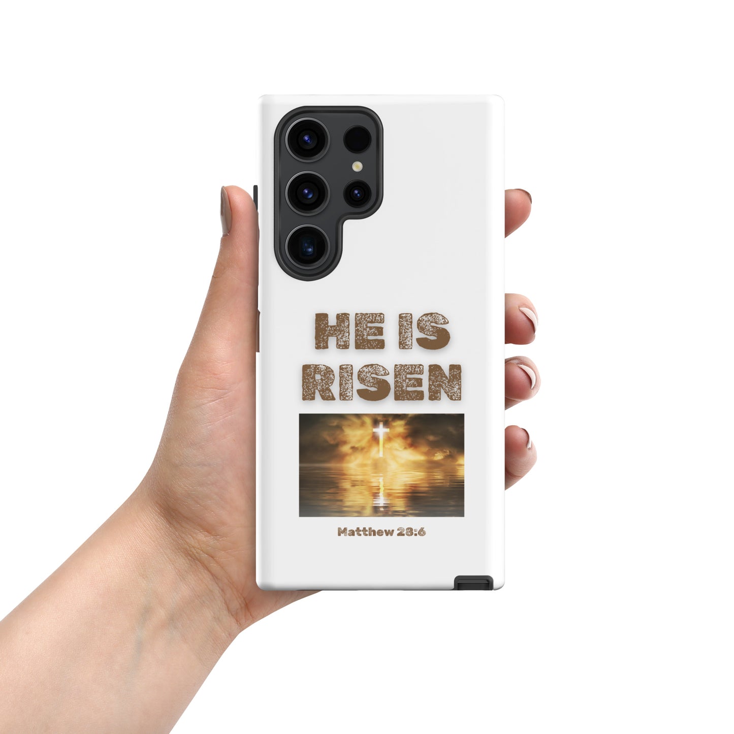 Tees of Worship phone case with He Is Risen text and glowing cross design on white background
