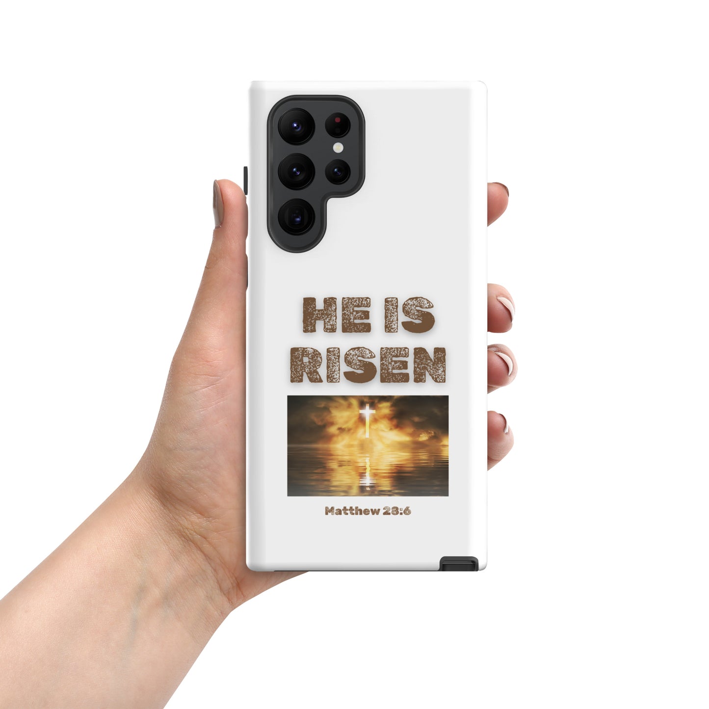 Tees of Worship phone case with He Is Risen text and cross over sunset water design