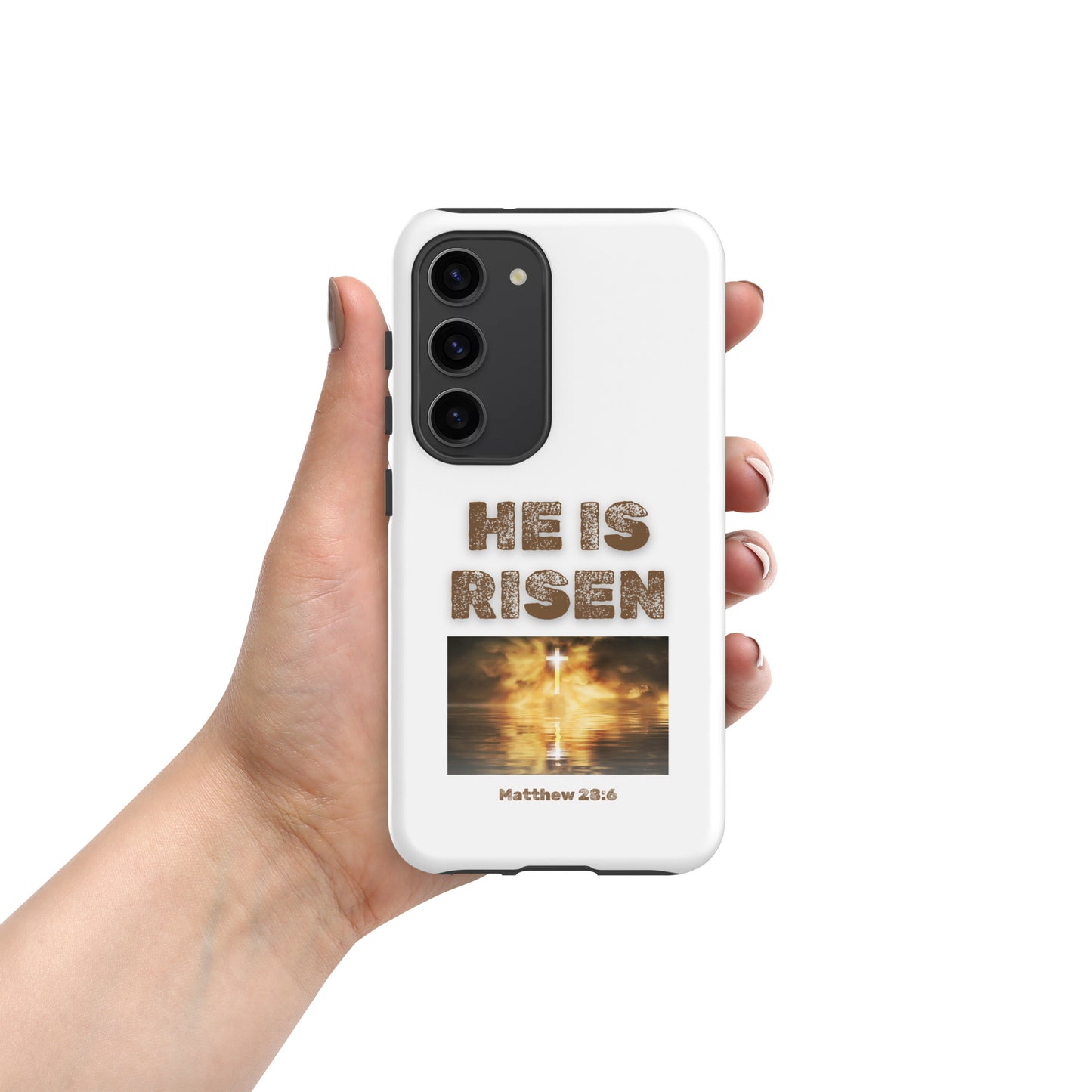 Tees of Worship white phone case with He Is Risen text and cross design from Matthew 28 6