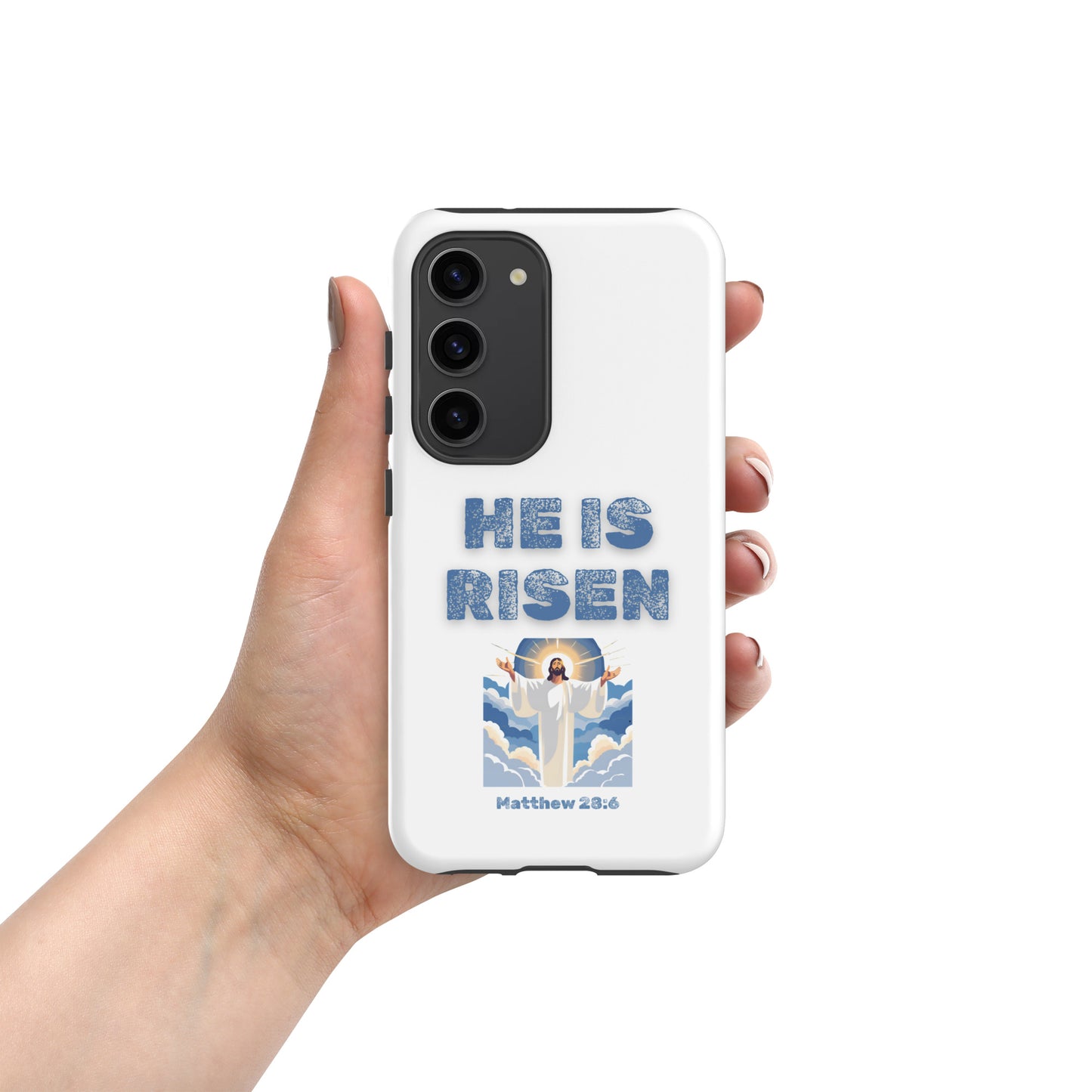 White phone case from Tees of Worship with He Is Risen text and Jesus rising design