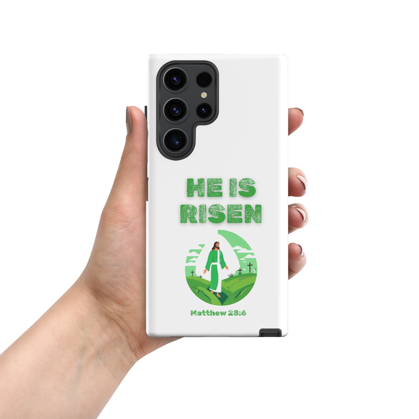 Tees of Worship phone case with He Is Risen text and religious resurrection design