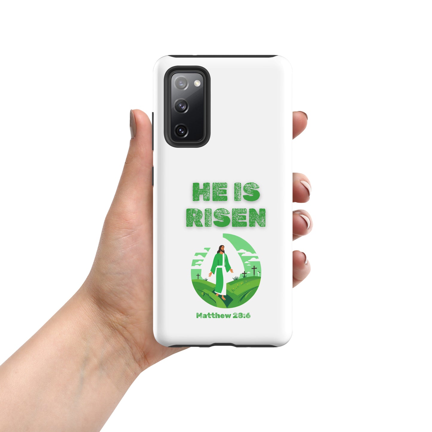 White phone case with He Is Risen text and illustration of Jesus with Matthew 28 6 scripture