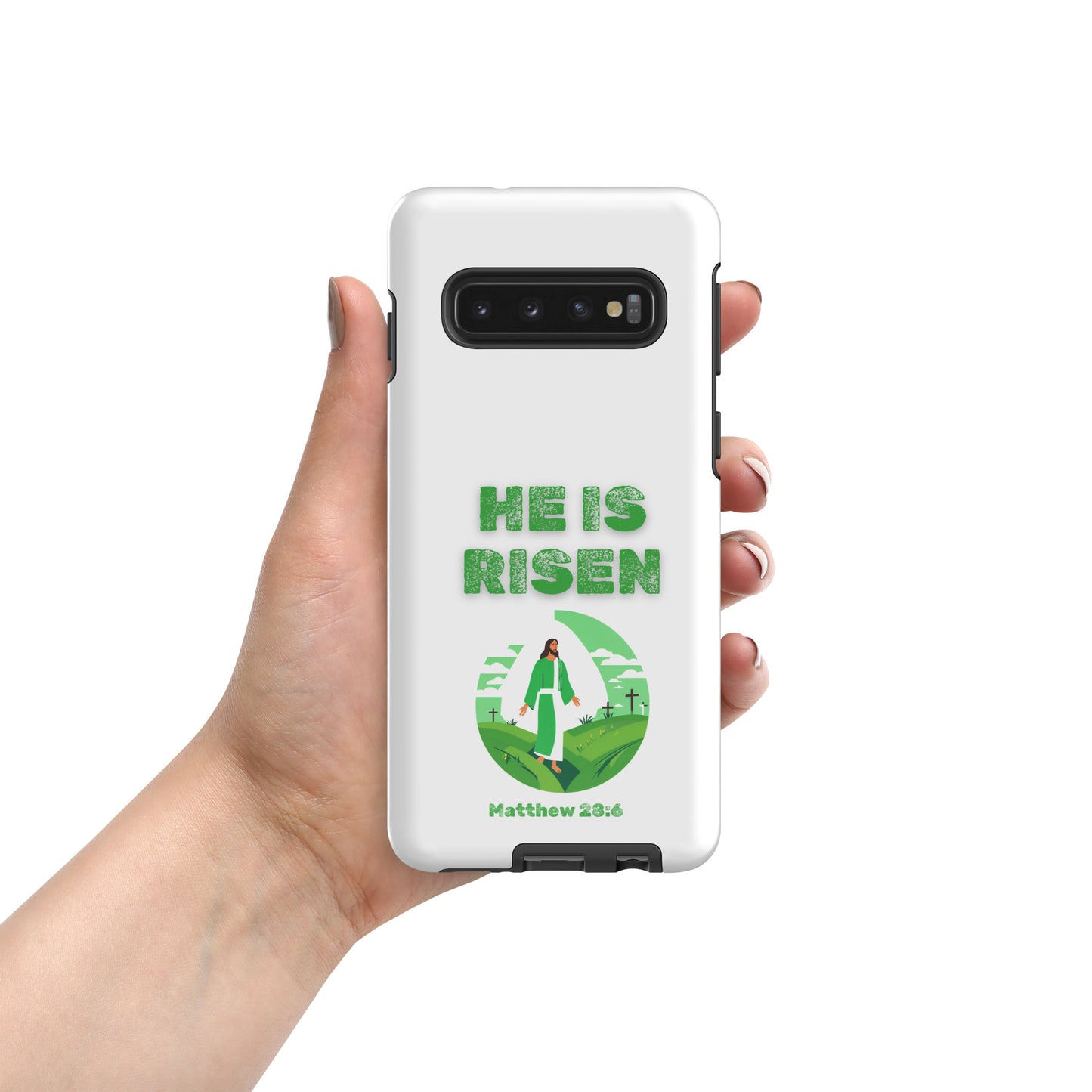 Tees of Worship phone case with He Is Risen design featuring Matthew 28 6 scripture and resurrection scene