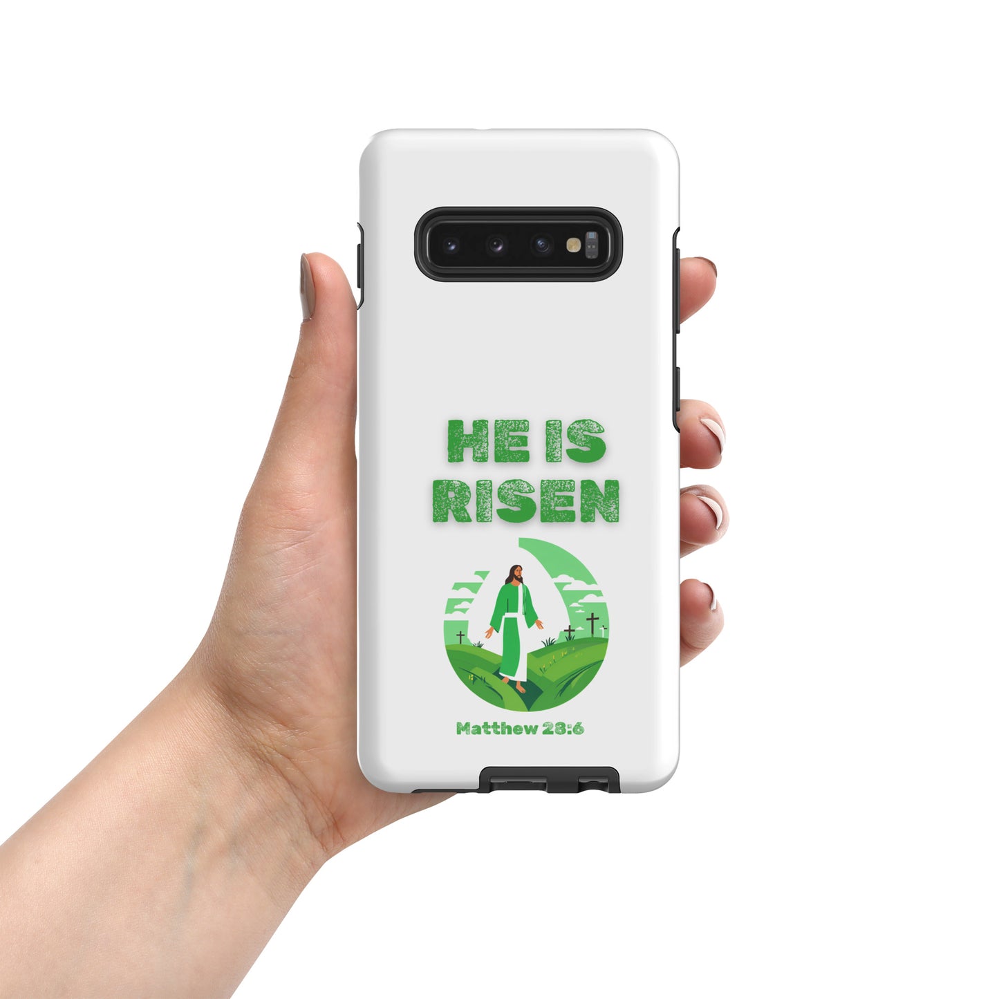 Tees of Worship phone case with He Is Risen text and religious design featuring Matthew 28:6 verse