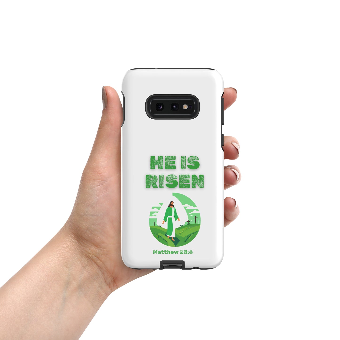 Tees of Worship white phone case with He Is Risen design and Matthew 28:6 scripture