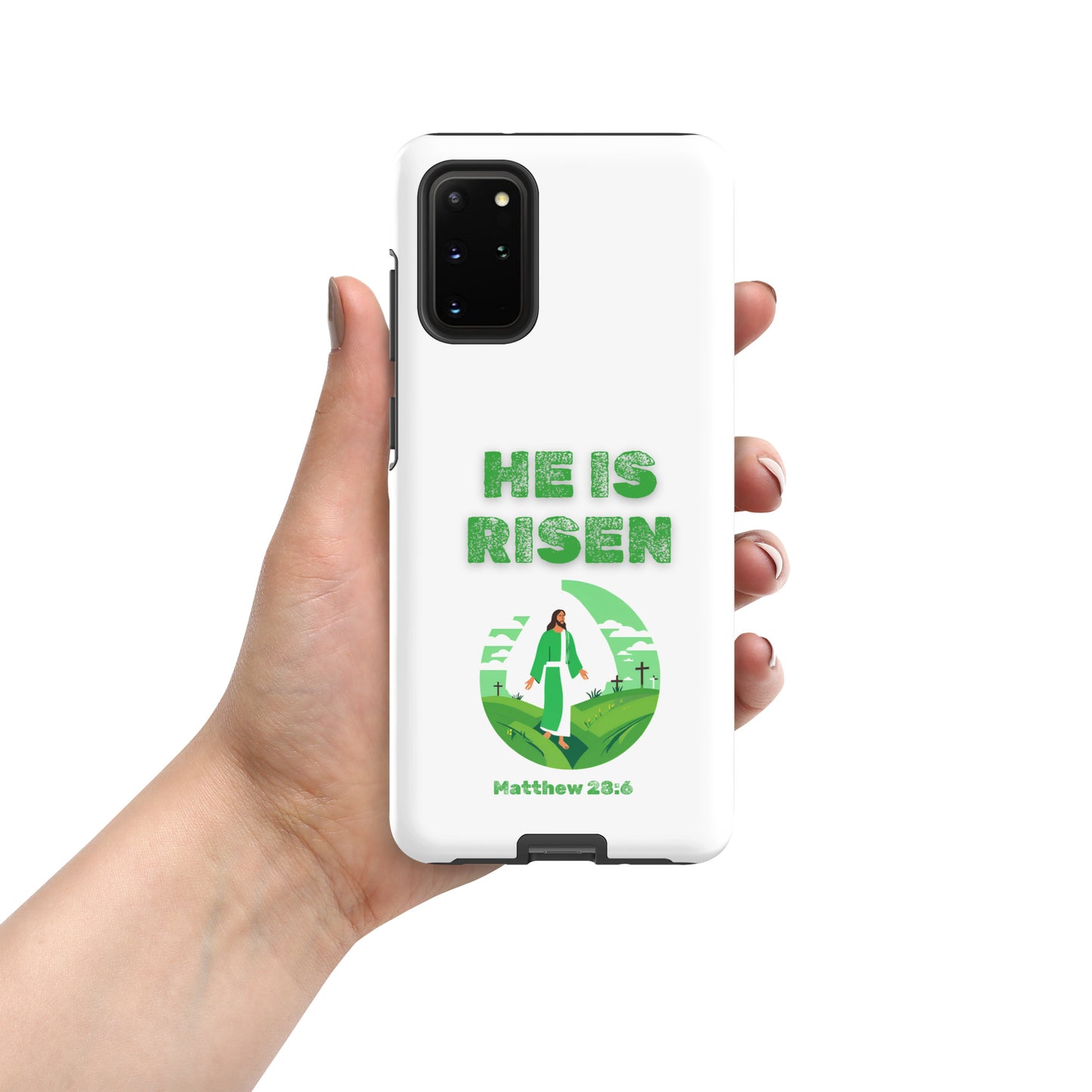 White phone case from Tees of Worship with He Is Risen text and Matthew 28 6 design