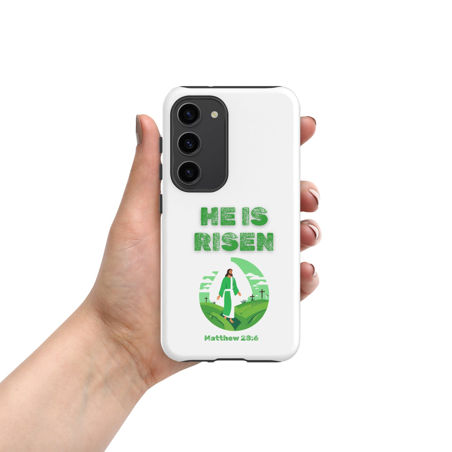 He Is Risen phone case by Tees of Worship with green biblical design and Matthew 28 6 scripture