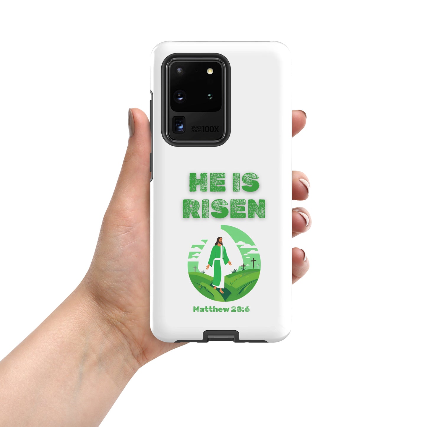 Tees of Worship phone case with He Is Risen design featuring Jesus and Matthew 28 6 scripture