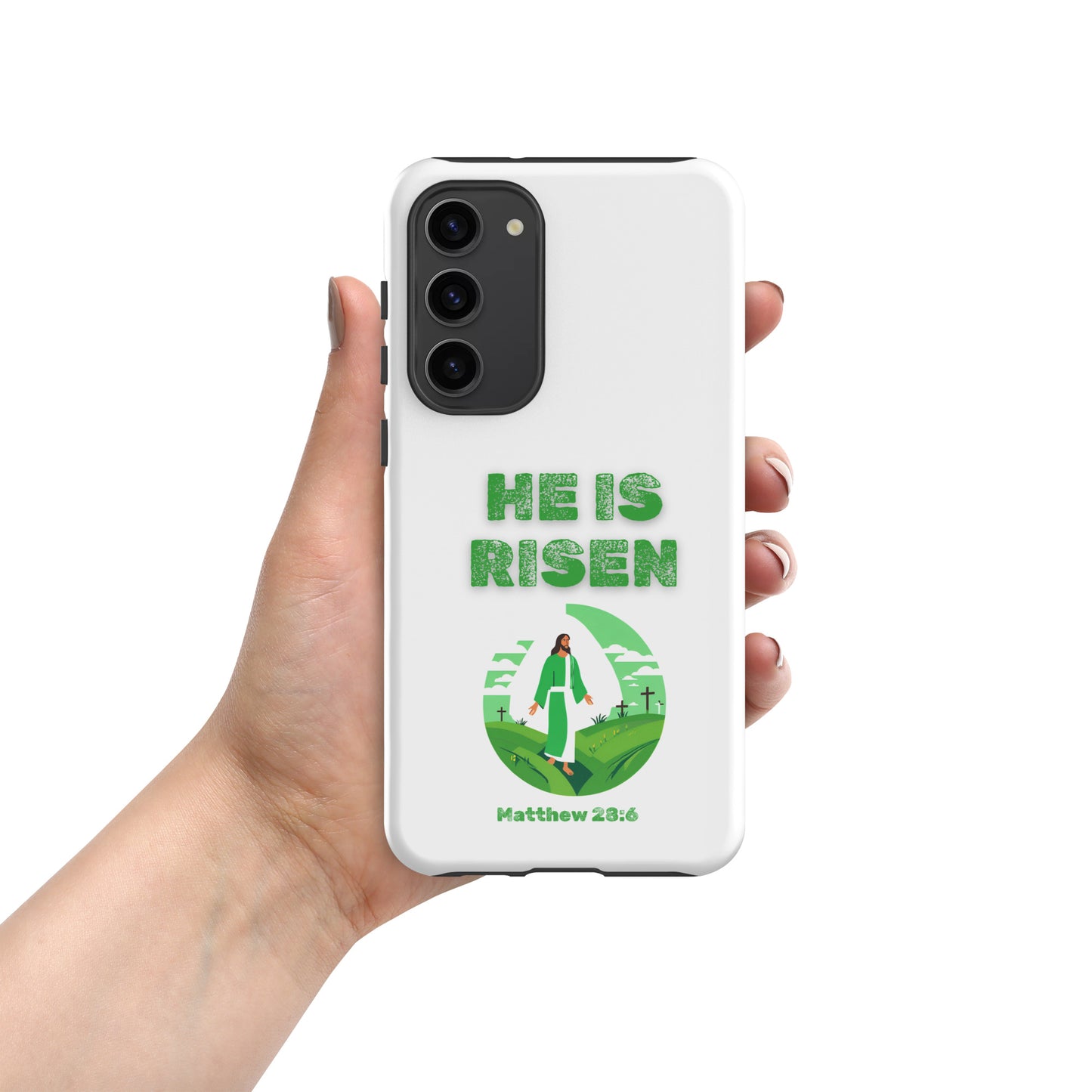 Tees of Worship white phone case with He Is Risen text and Matthew 28 6 design