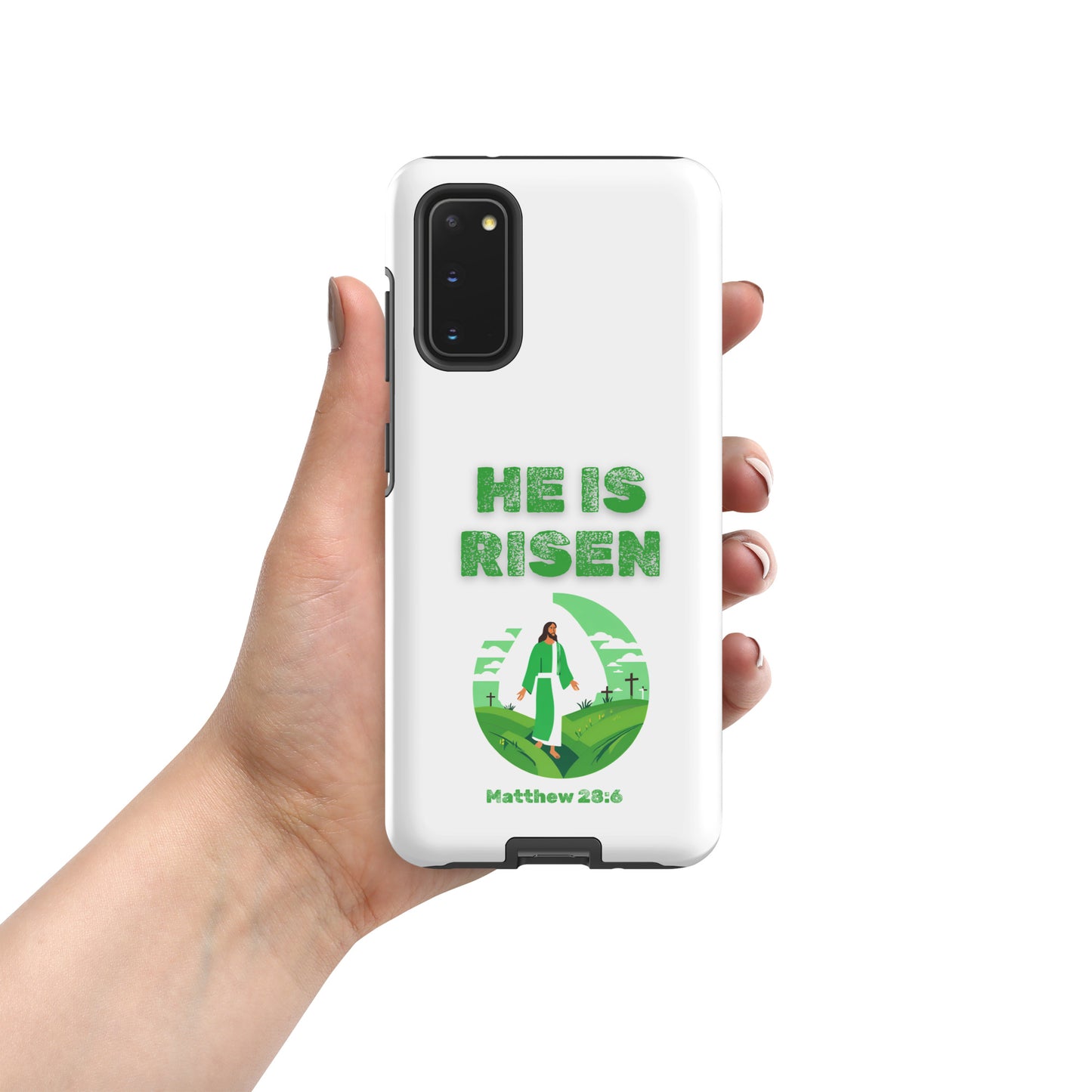 White phone case by Tees of Worship with He Is Risen text and Matthew 28:6 Bible verse design