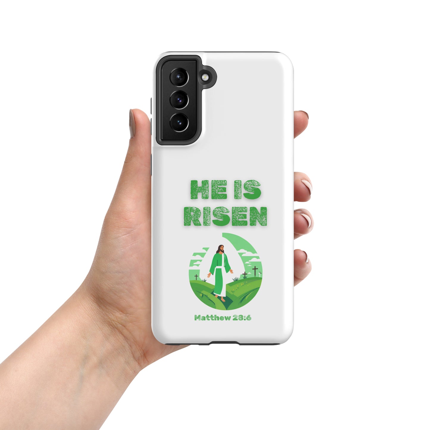 Tees of Worship phone case with He Is Risen design and Matthew 28:6 scripture in green