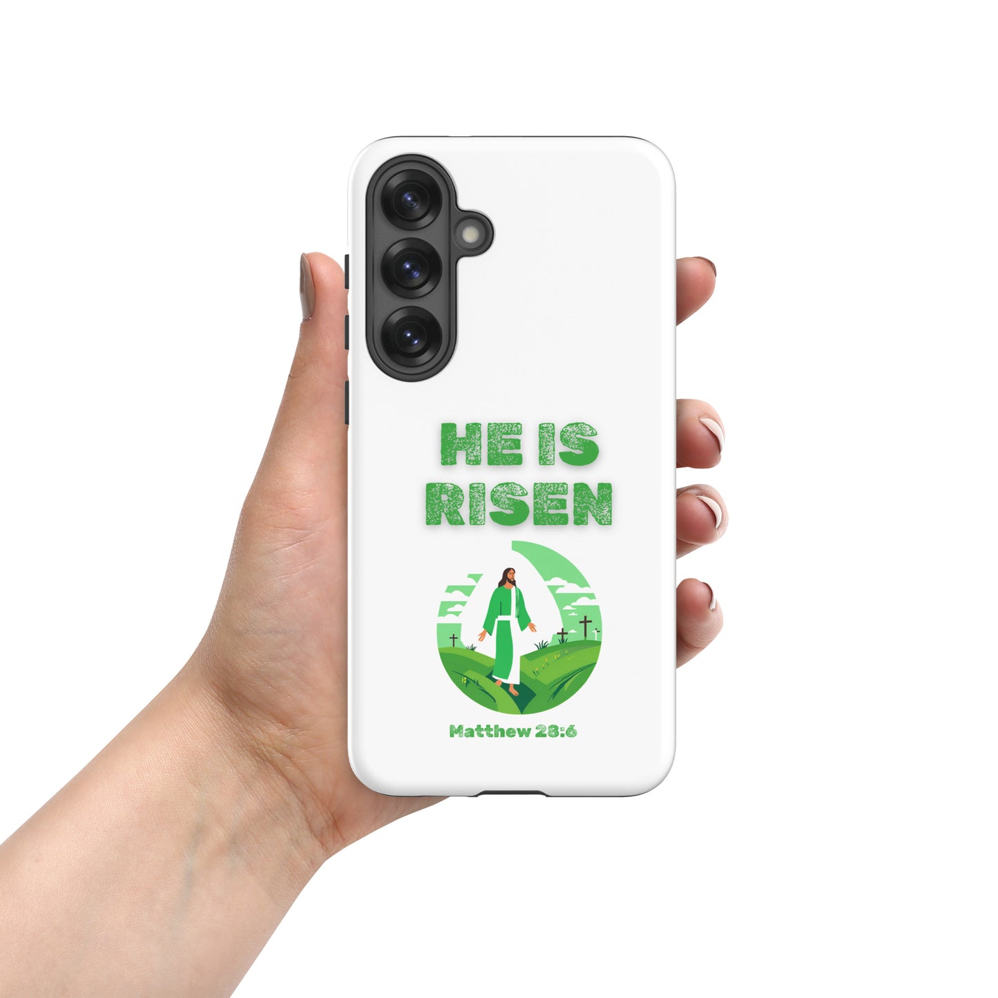 Tees of Worship white phone case with He Is Risen text and Matthew 28:6 design