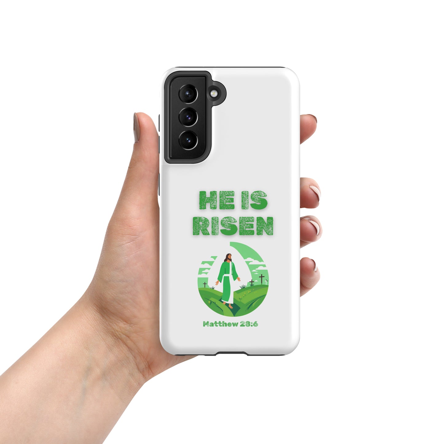 White phone case by Tees of Worship with green He Is Risen text and Matthew 28:6 Bible verse design
