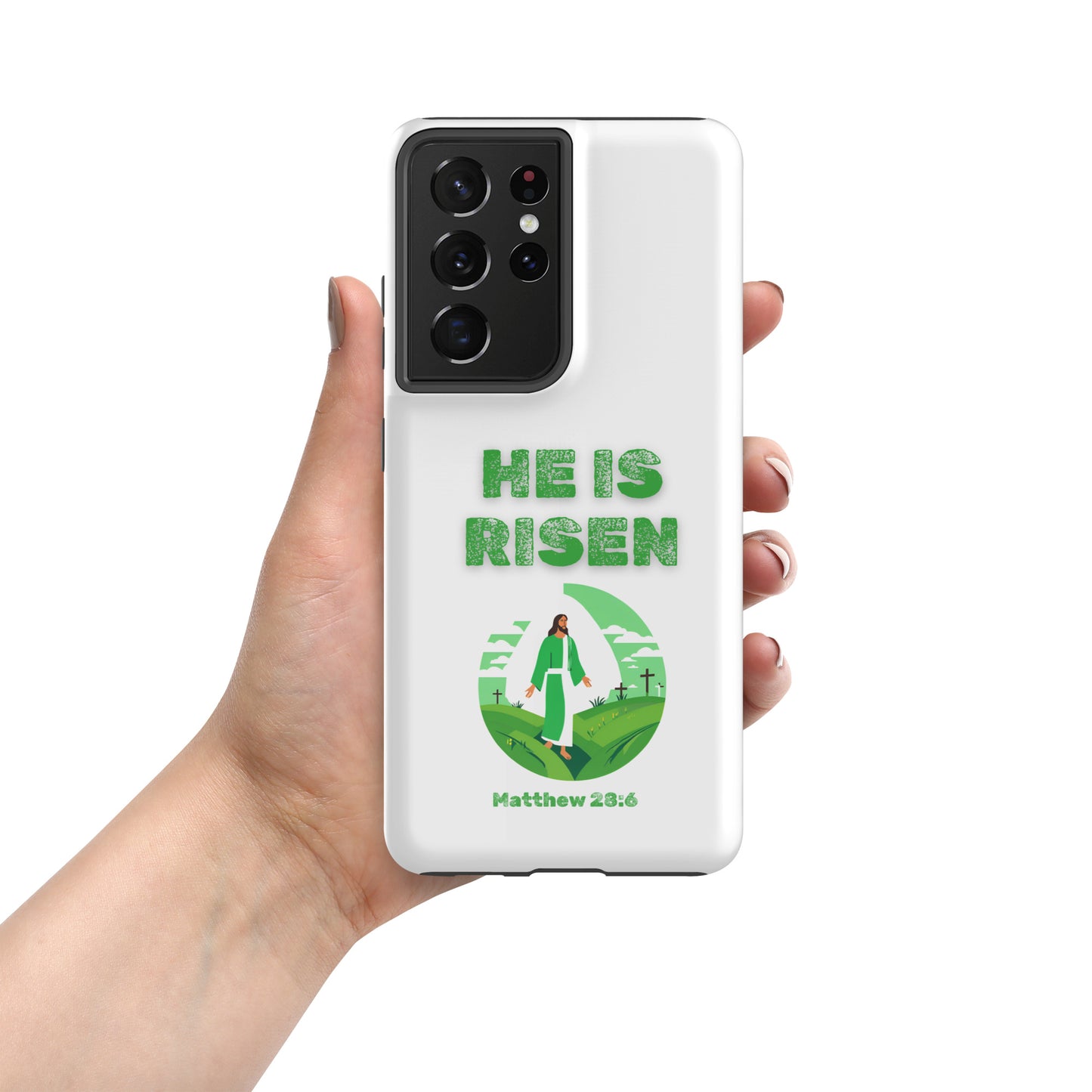 Tees of Worship white phone case with He Is Risen text and religious design featuring Matthew 28 6