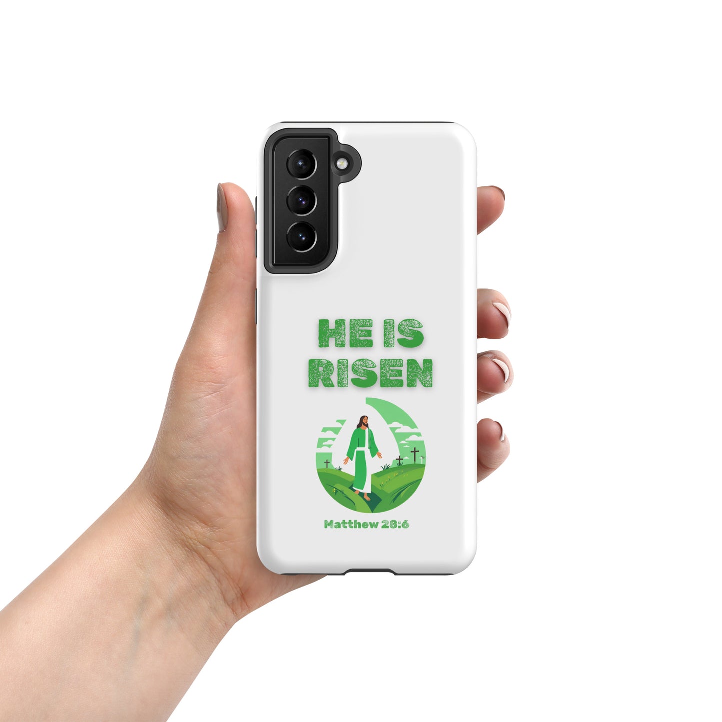 Tees of Worship phone case with He Is Risen text and Matthew 28:6 design in green and white