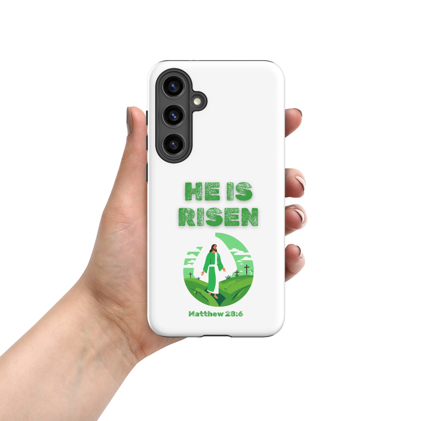 Tees of Worship phone case with He Is Risen text and green religious design featuring Matthew 28 6