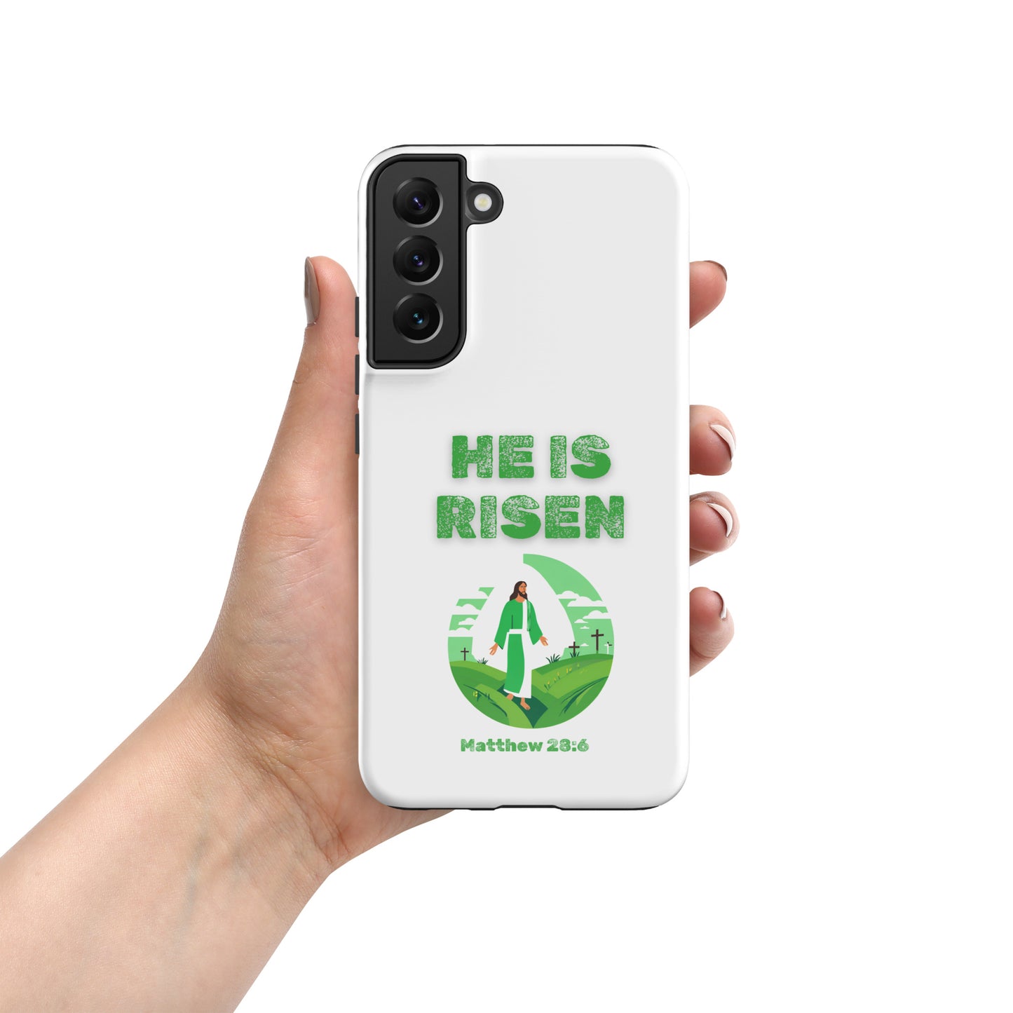 Tees of Worship phone case with He Is Risen text and Matthew 28:6 design in green on white background