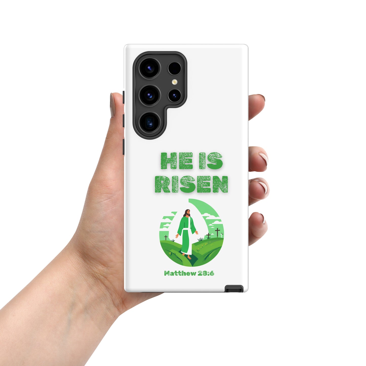 Tees of Worship He Is Risen phone case with green text and illustration of Jesus walking on a hill