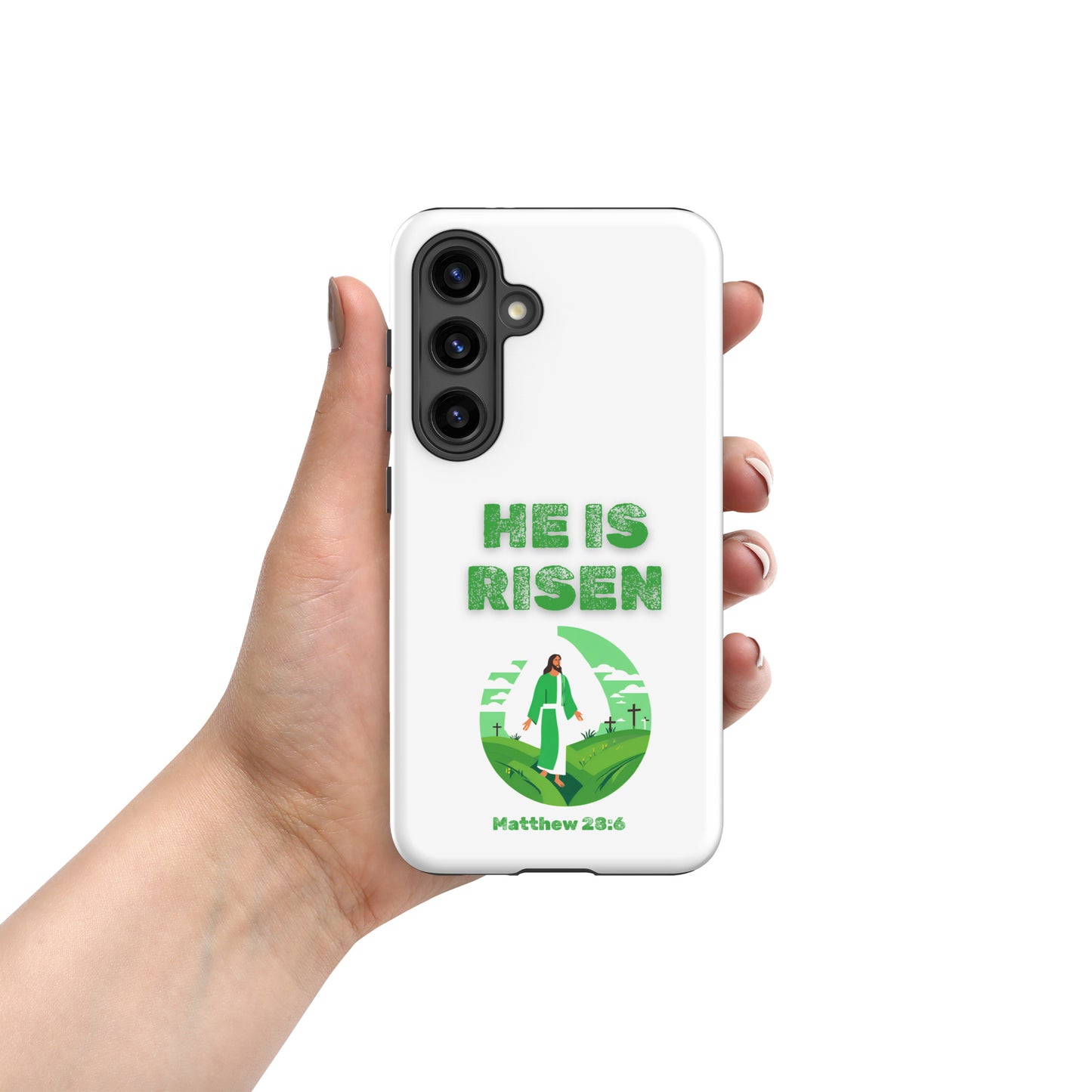 Tees of Worship phone case with He Is Risen text and Matthew 28 6 design in green on white background