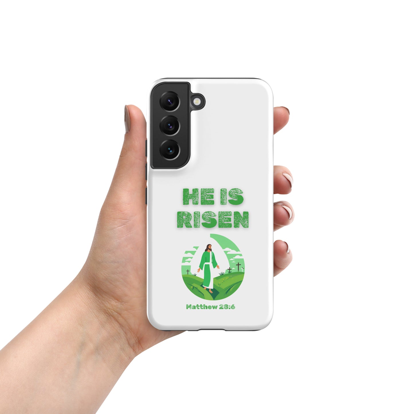 Tees of Worship phone case with He Is Risen design featuring Jesus and Matthew 28:6 verse
