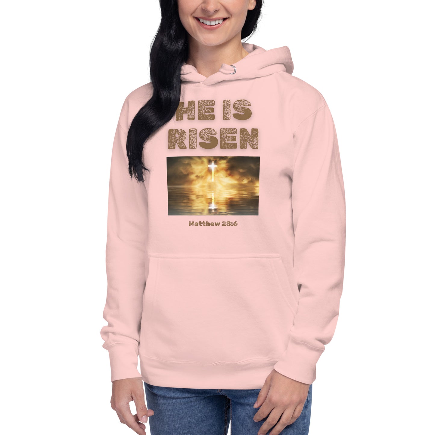 Pink hoodie from Tees of Worship with He is Risen text and cross sunset design