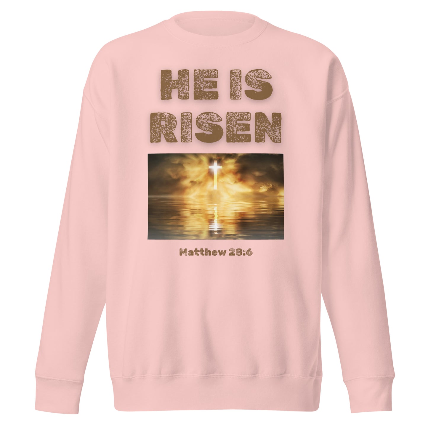 He Is Risen sweatshirt in pink with cross and sunset design from Tees of Worship