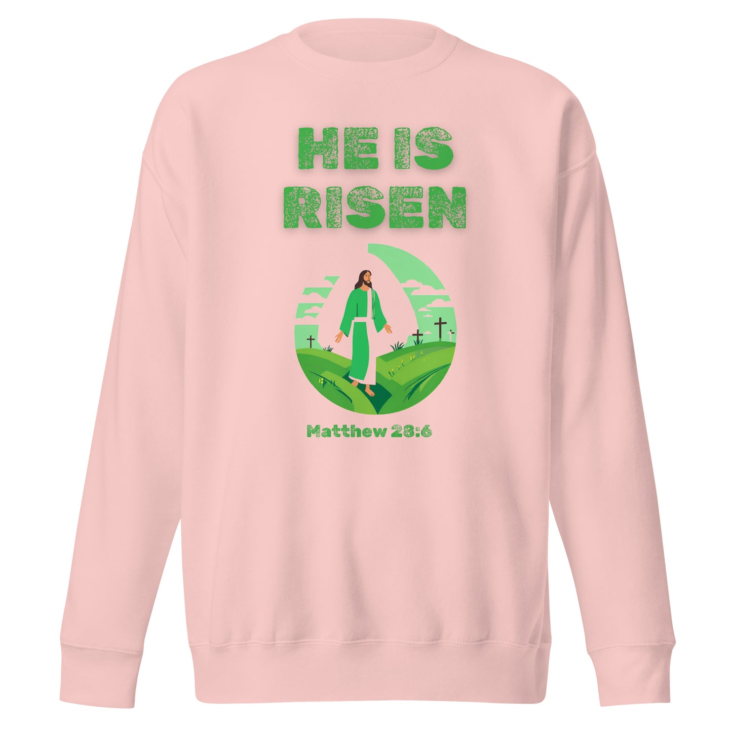 Pink sweatshirt with He Is Risen text and Jesus illustration by Tees of Worship