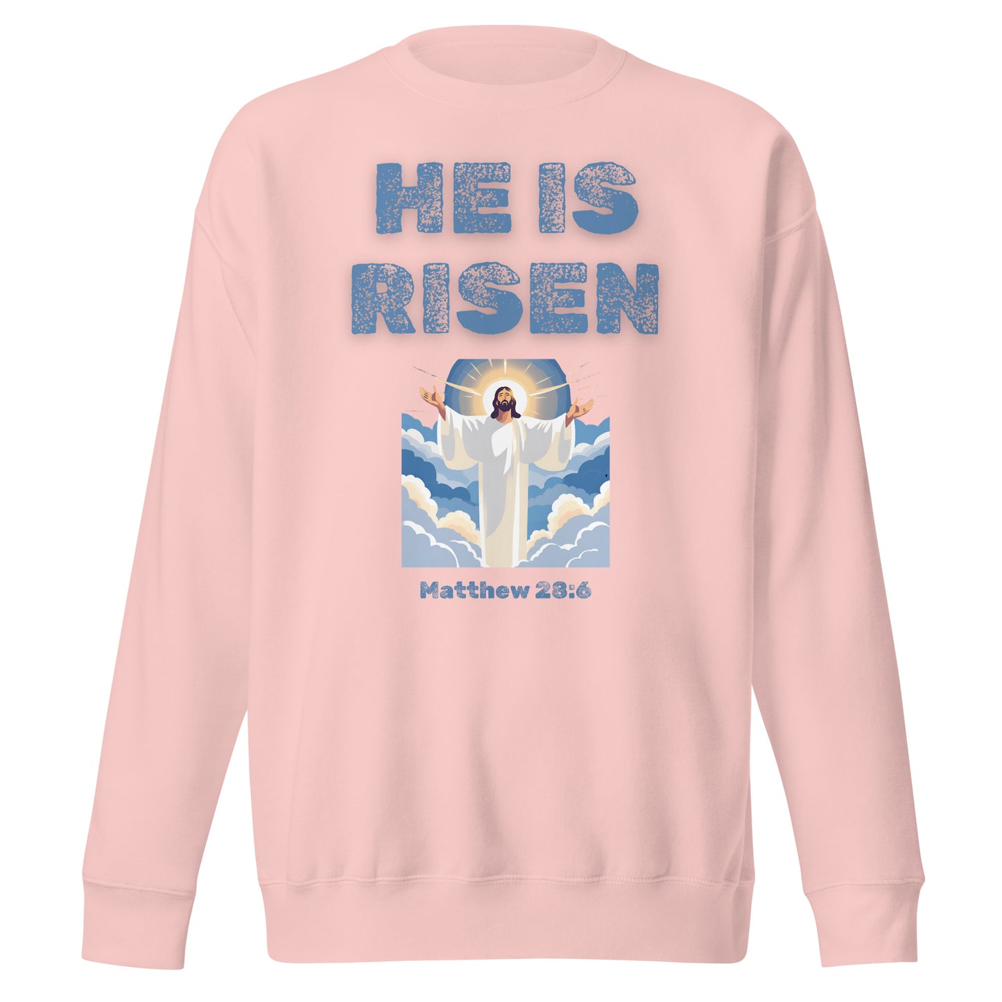 Pink sweatshirt from Tees of Worship with He Is Risen text and Jesus graphic design