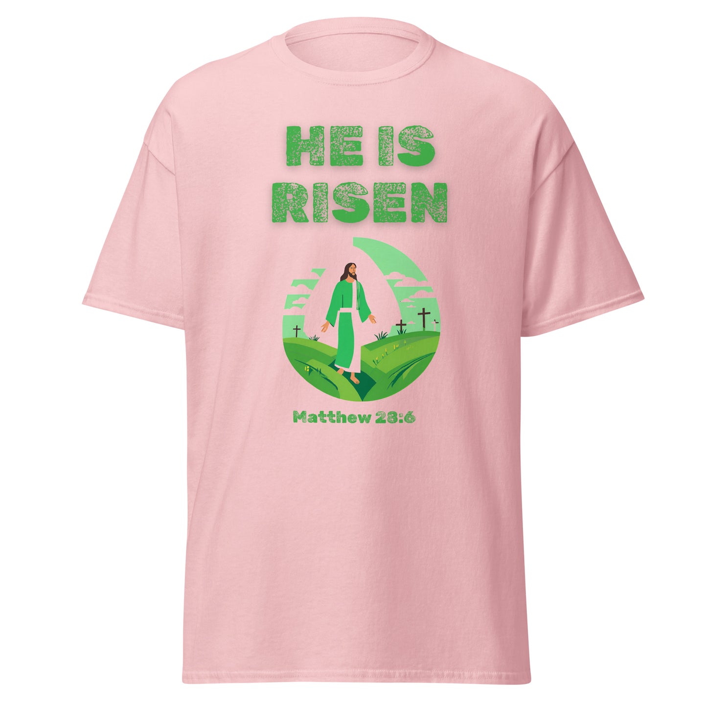 Pink He Is Risen T-Shirt by Tees of Worship with Jesus and Matthew 28 6 design
