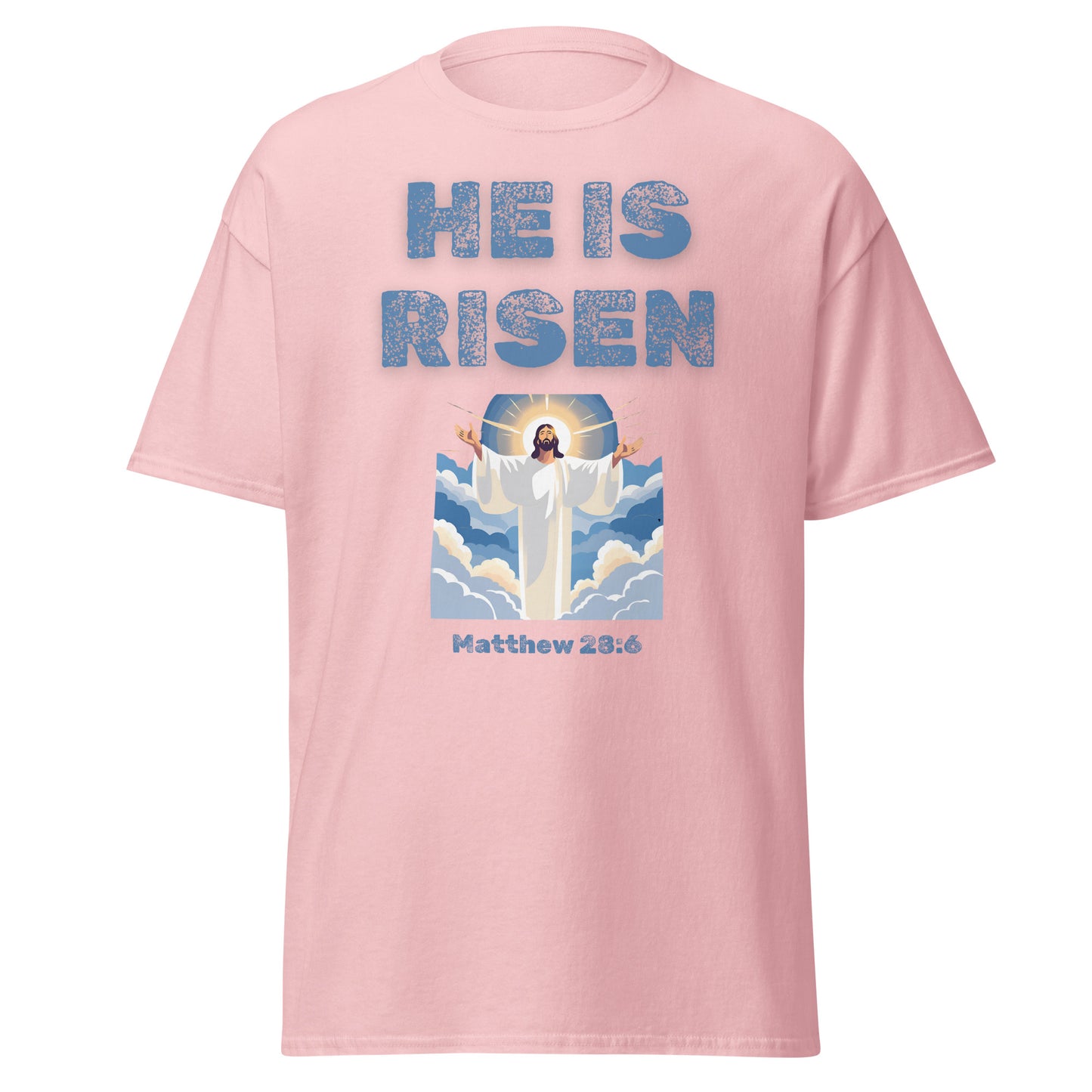 Tees of Worship pink T-Shirt with He Is Risen text and Jesus illustration from Matthew 28:6