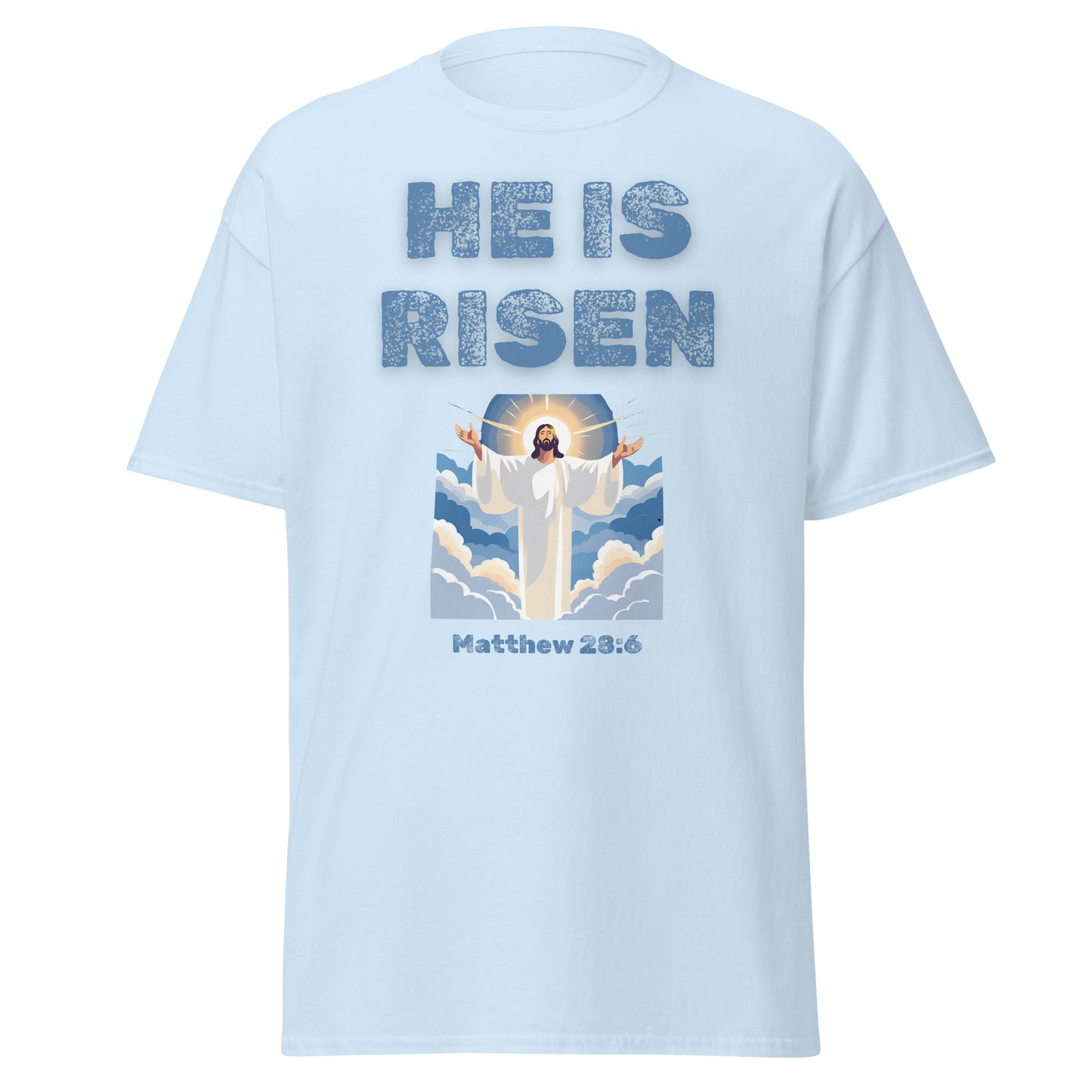 Light blue Tees of Worship T-shirt with He Is Risen text and Jesus illustration Matthew 28 6