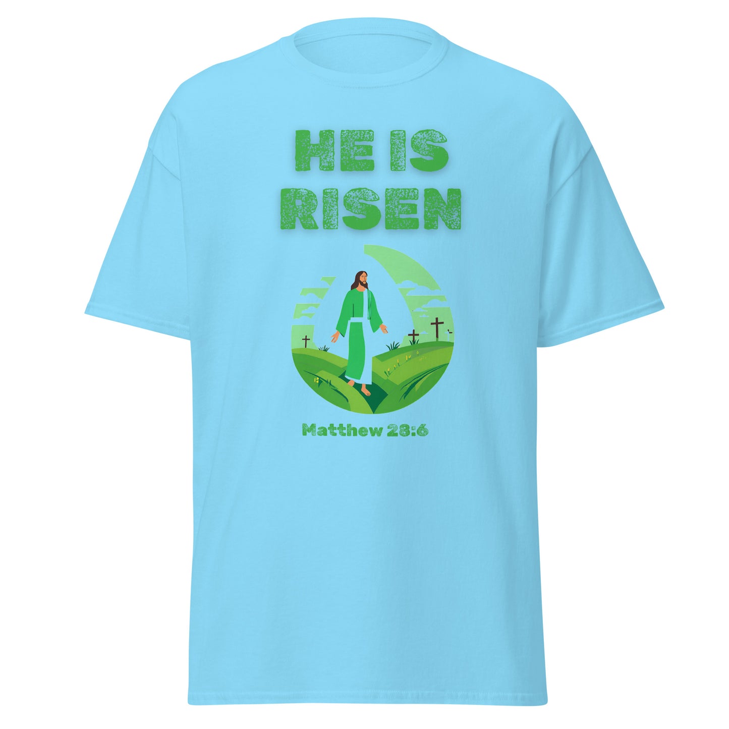 Light blue Tees of Worship t-shirt with He Is Risen text and Bible verse Matthew 28:6 design