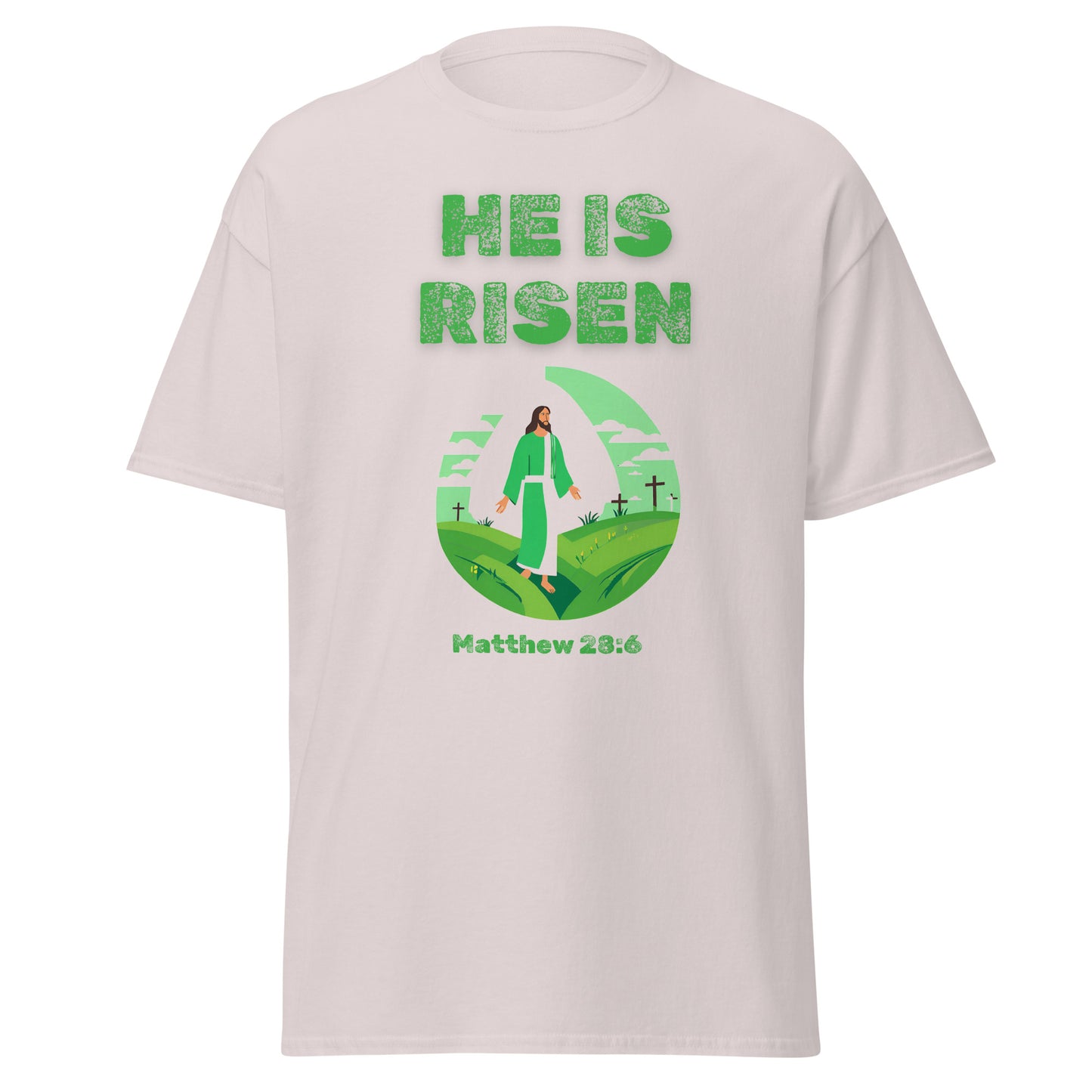 He Is Risen T-Shirt by Tees of Worship featuring green text and illustration of Jesus with crosses and Matthew 28:6 verse