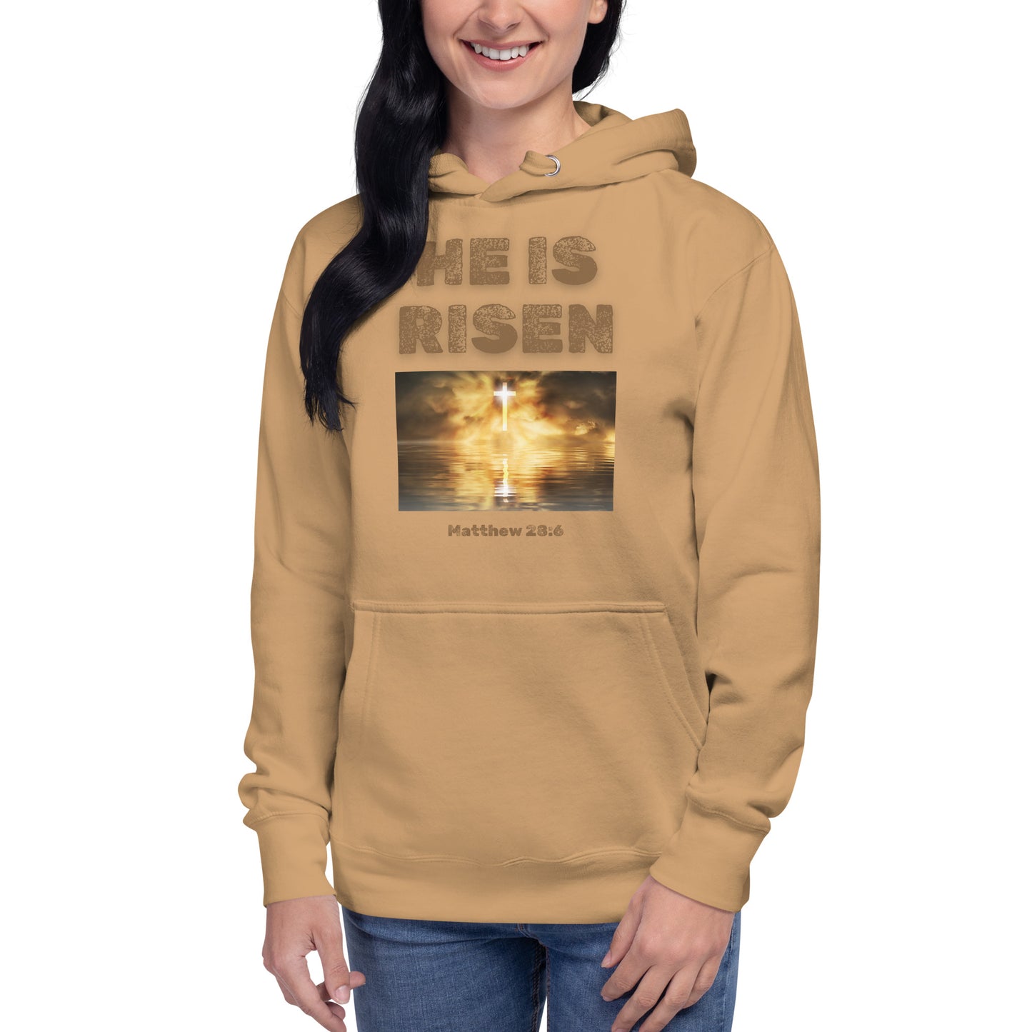He is Risen hoodie by Tees of Worship with cross and sunset design in tan color