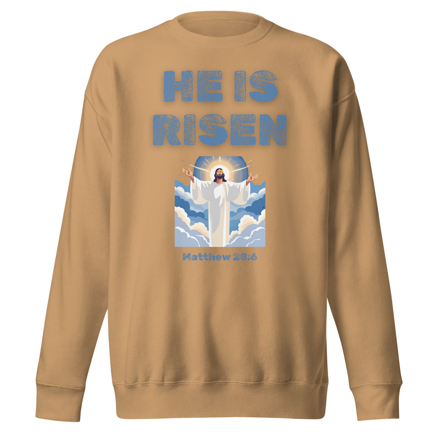 He Is Risen sweatshirt by Tees of Worship featuring Jesus with arms raised and clouds background