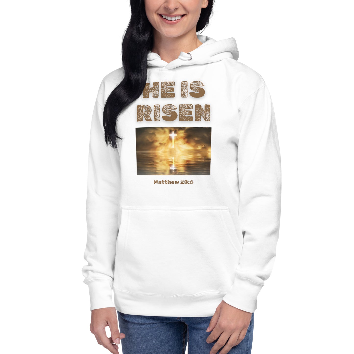 White hoodie from Tees of Worship with He is Risen text and cross reflection graphic