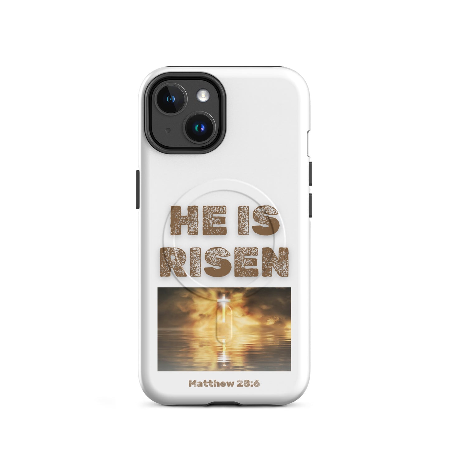 Tees of Worship phone case with He is risen text and Matthew 28:6 scripture design