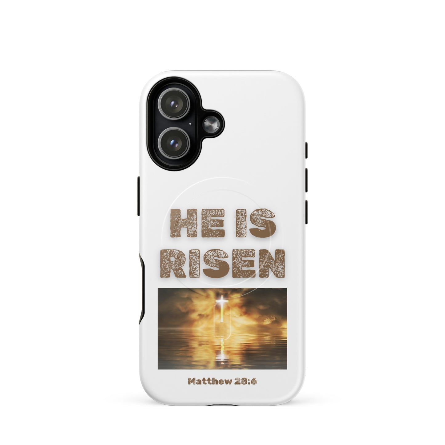 Tees of Worship white phone case with He is risen text and Matthew 28:6 cross and sunrise design