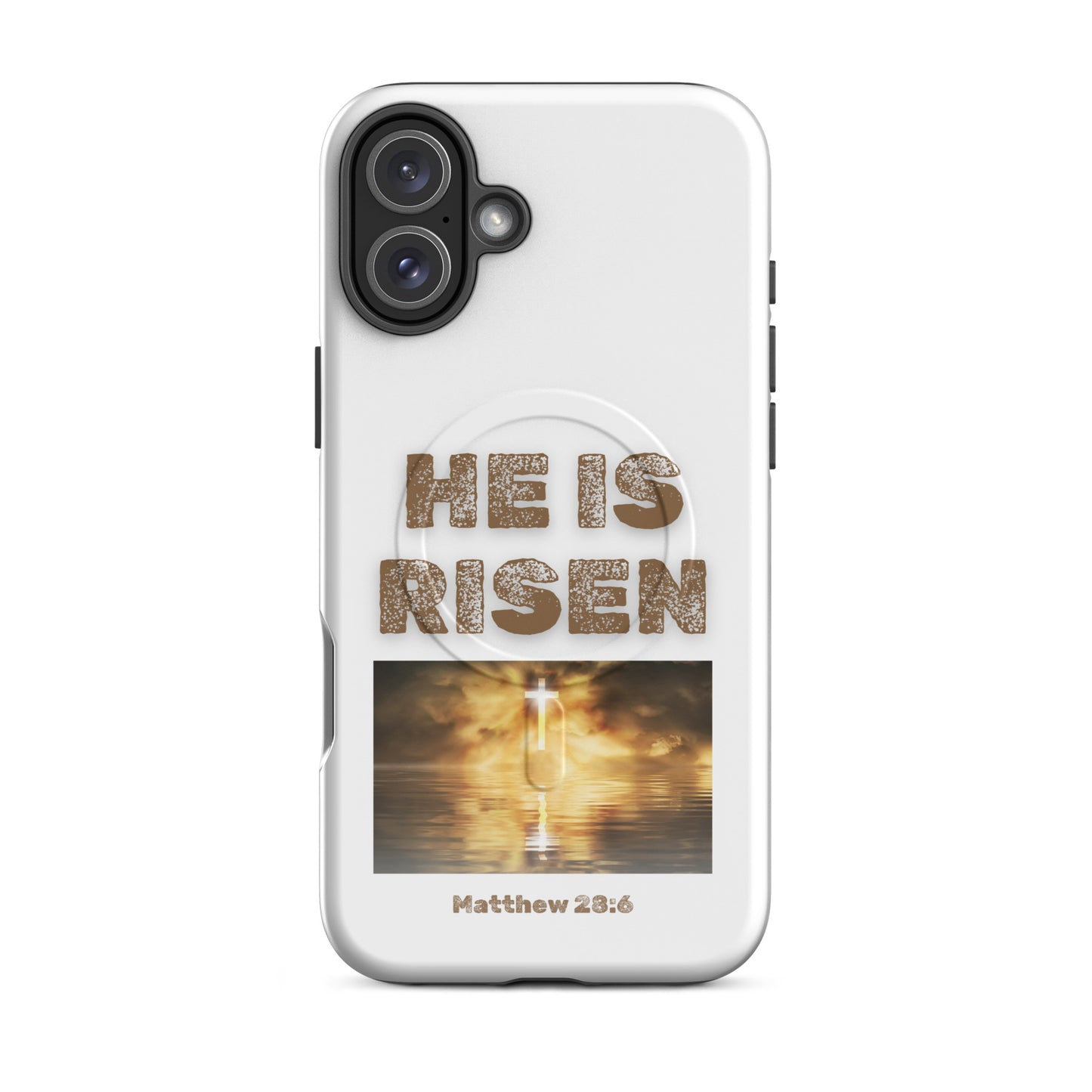 Tees of Worship white phone case with He is risen text and glowing cross reflection design