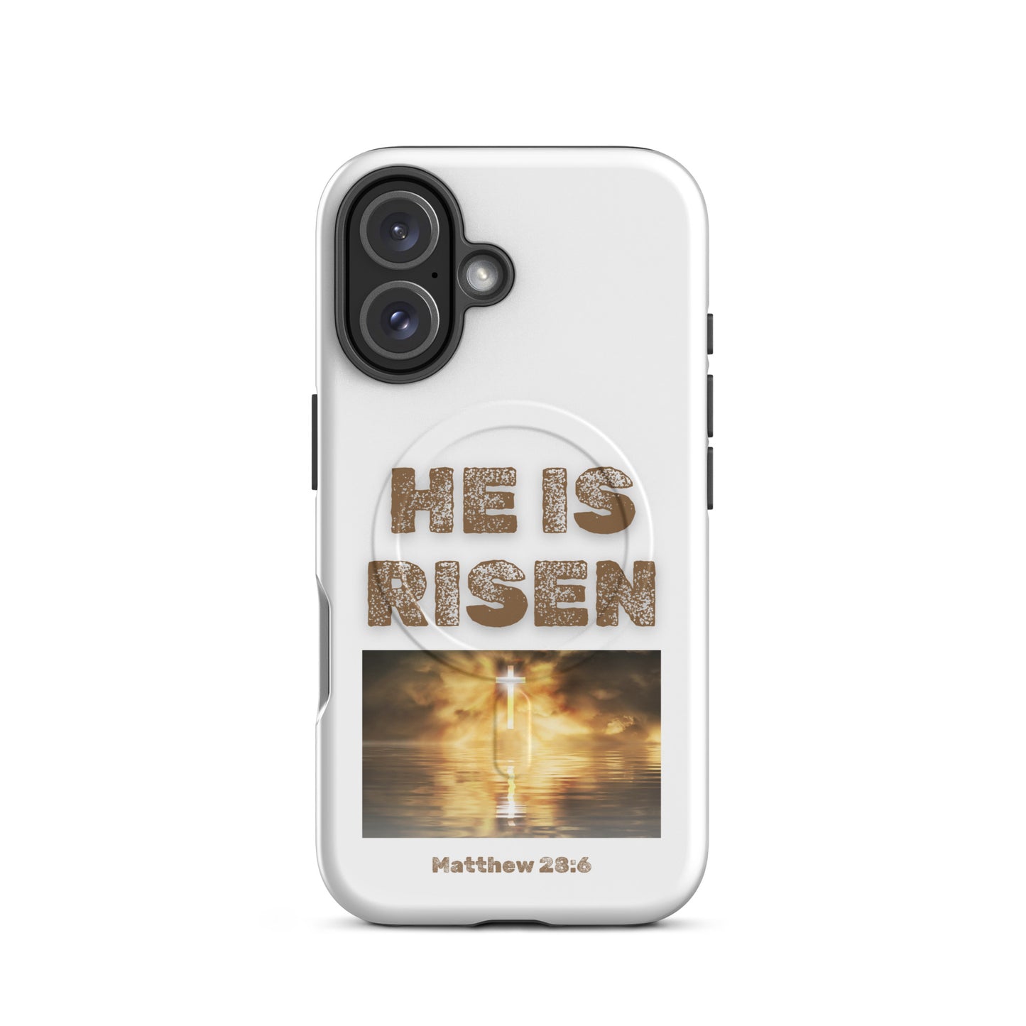 White Tees of Worship phone case with He is risen text and Matthew 28 6 scripture design