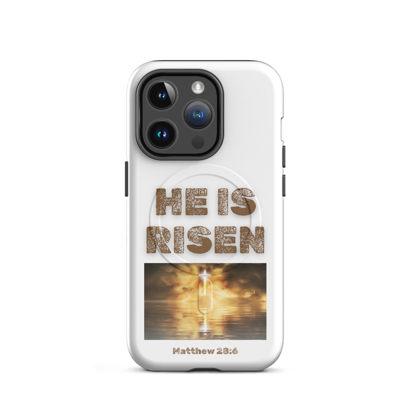 White phone case by Tees of Worship with He is risen text and glowing cross design