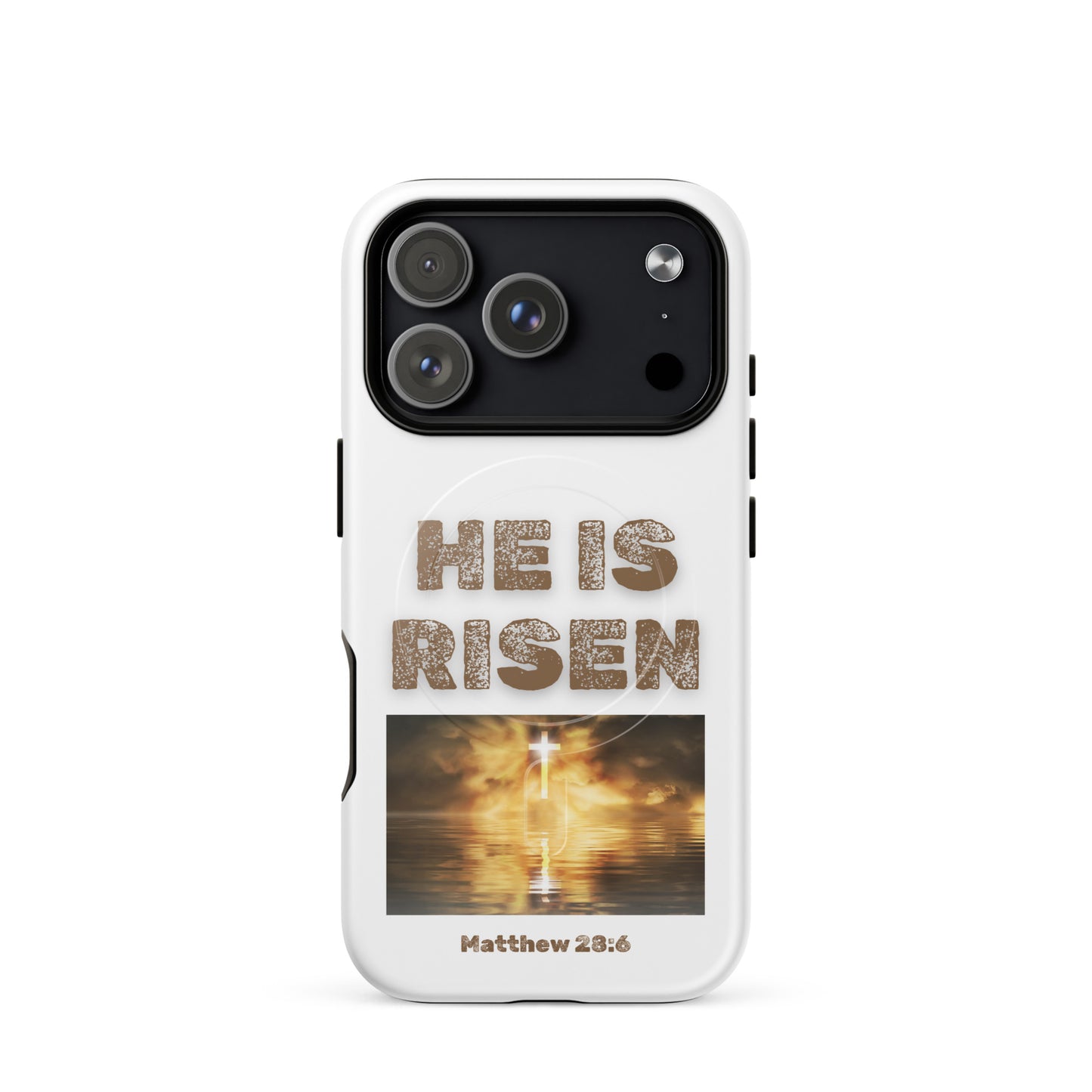 Tees of Worship phone case with He is risen text and glowing cross over water design