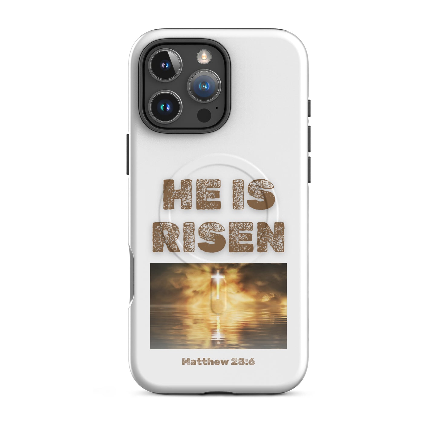 He is risen phone case by Tees of Worship featuring Matthew 28:6 verse with a glowing cross design