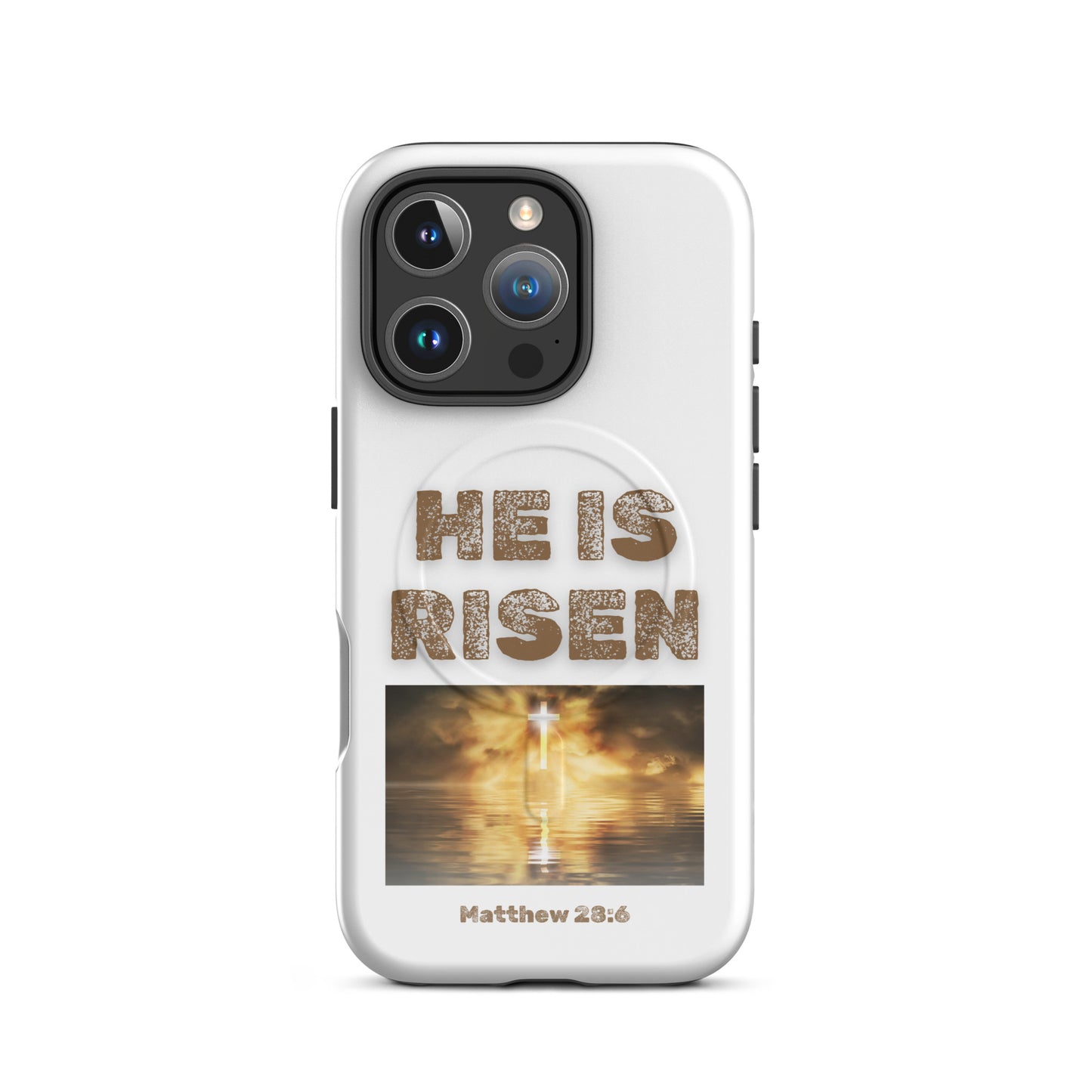 Tees of Worship white phone case with He is risen text and glowing cross design