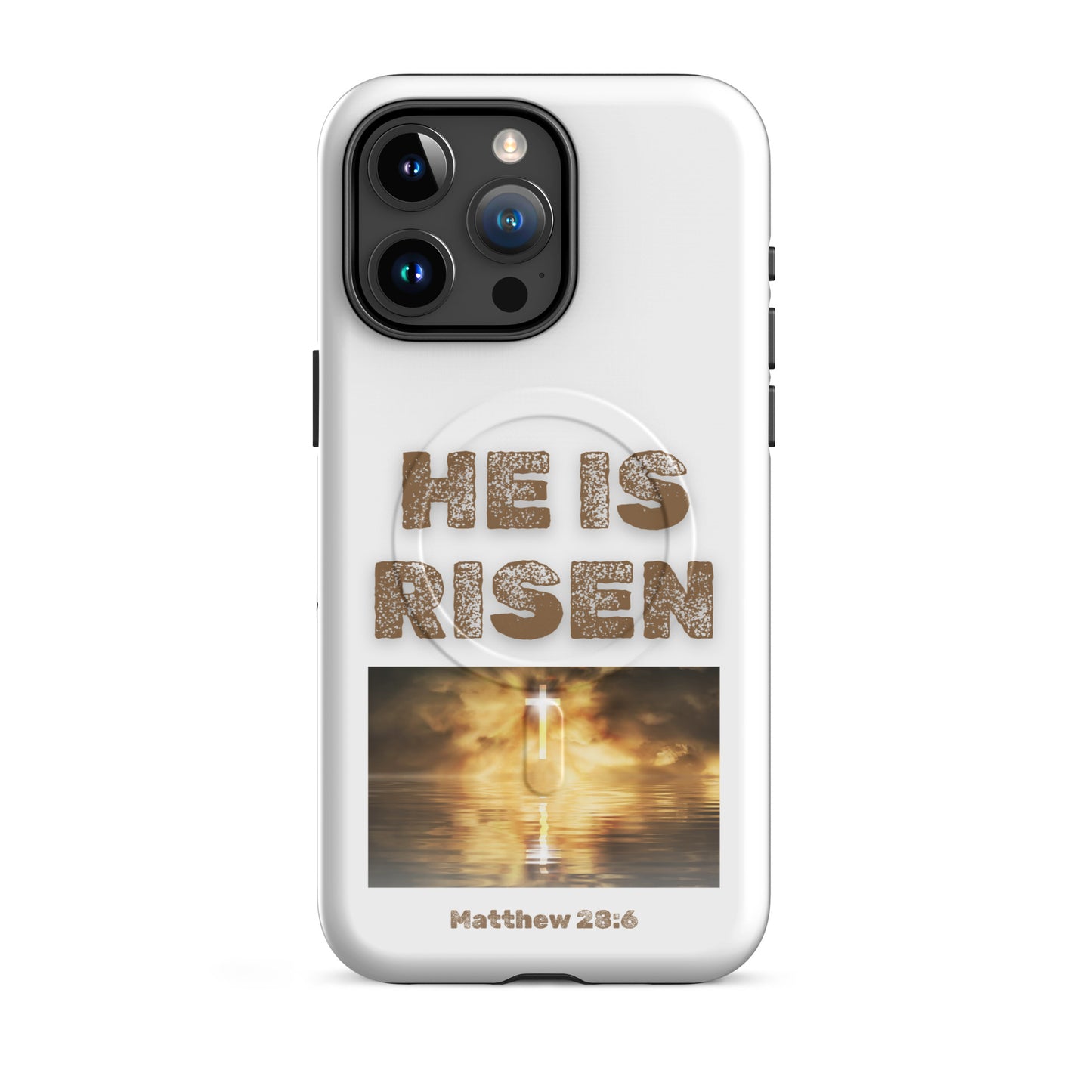 He is risen phone case by Tees of Worship with scripture Matthew 28:6 and glowing cross design