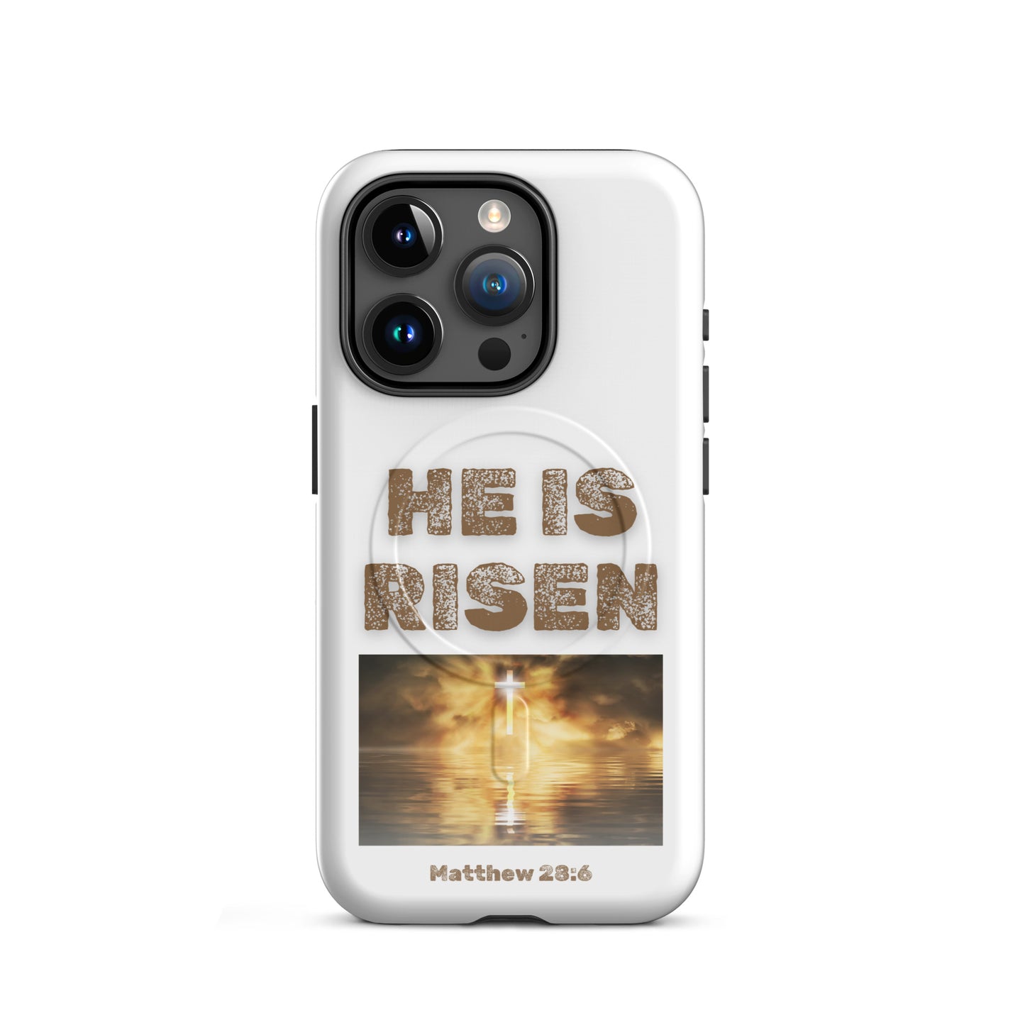 White phone case by Tees of Worship with He is risen text and Matthew 28 6 scripture design