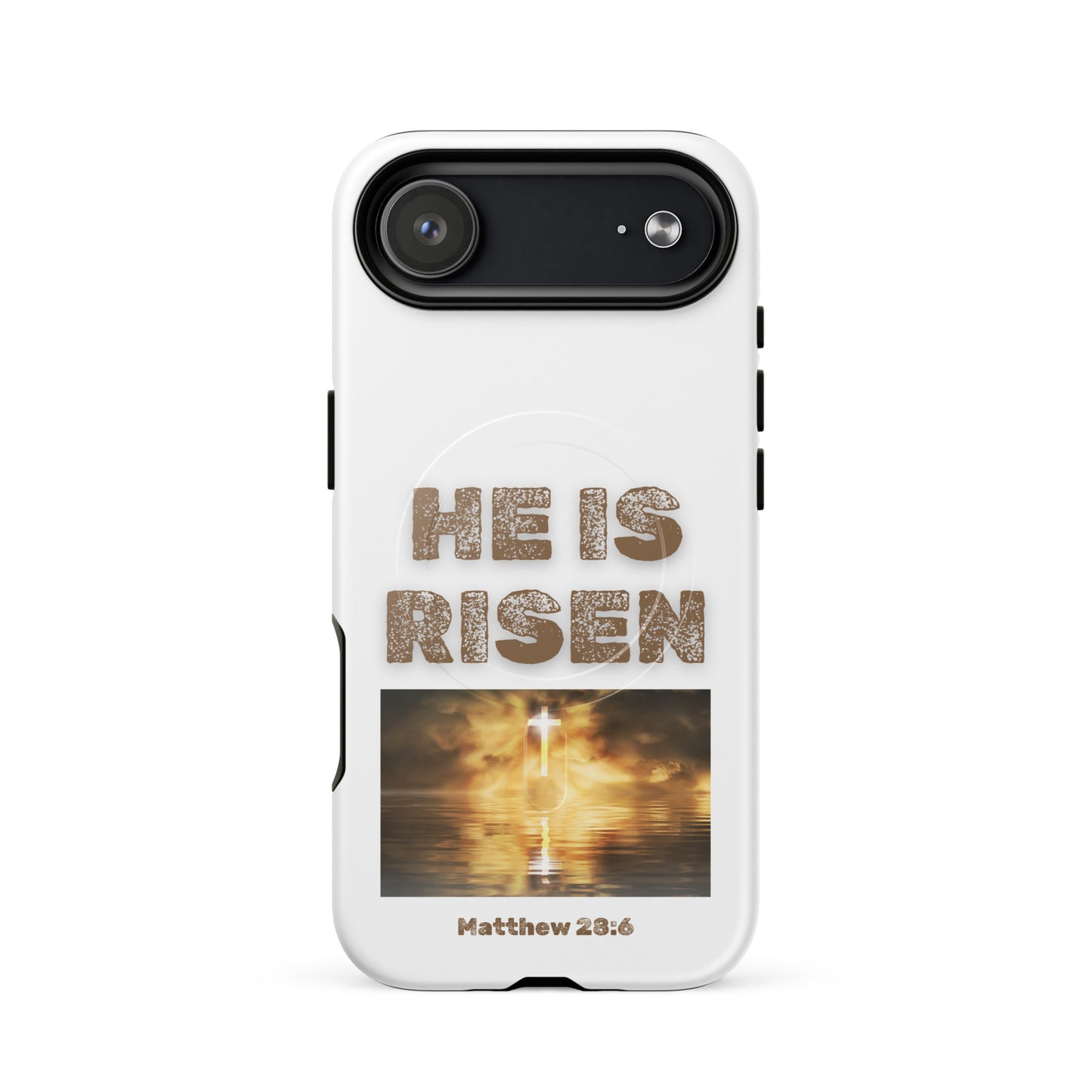 White phone case with He is risen text and Matthew 28:6 verse showing a glowing cross over water