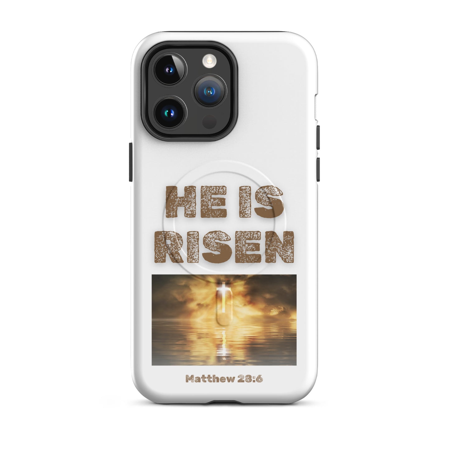 White Tees of Worship phone case with He is risen text and glowing cross over water design